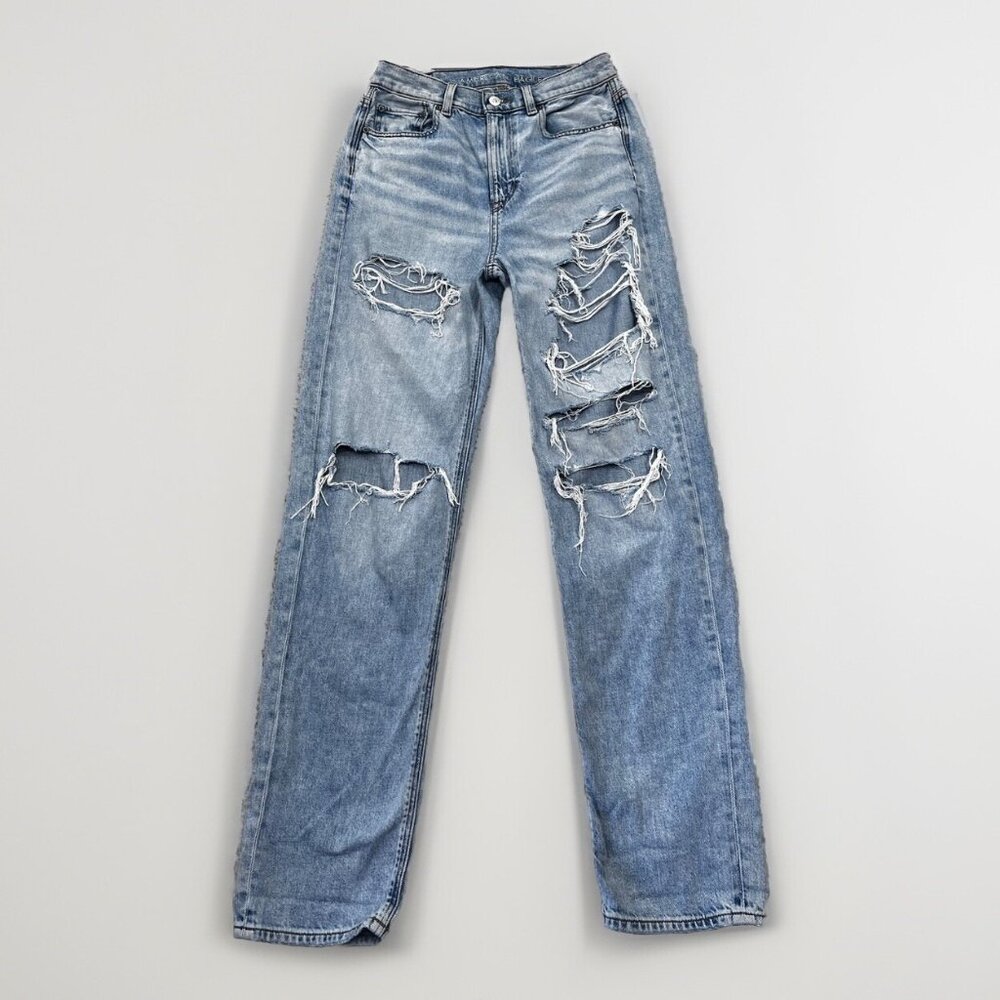 American Eagle Jeans Womens 0 Light Wash Distressed Baggy Jean Hi-Rise